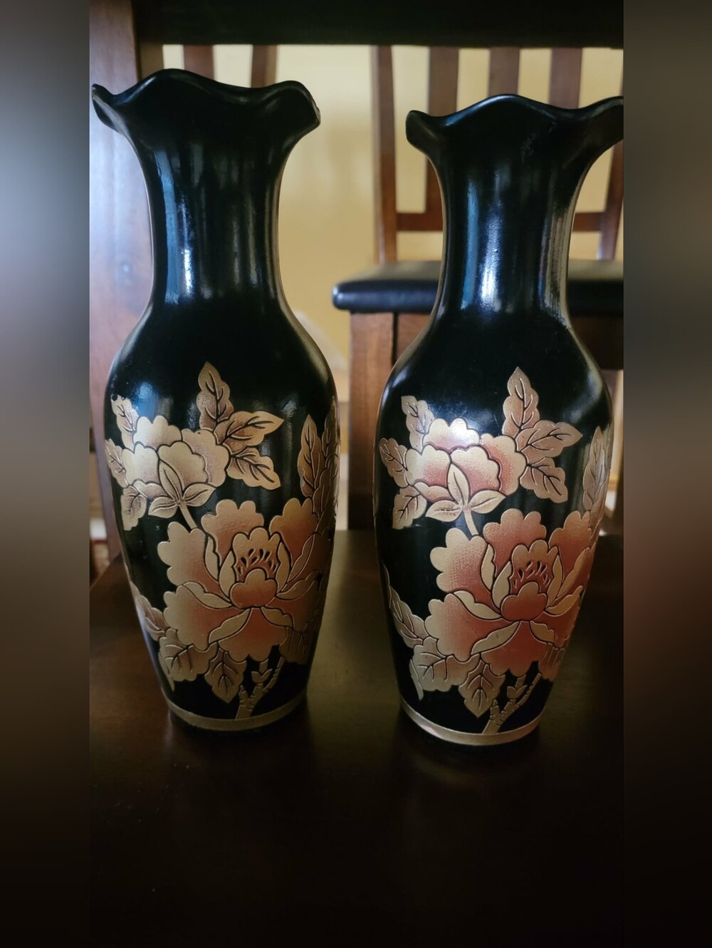 Matching Black Floral Decorative Vases with Pink and Gold Peony Design